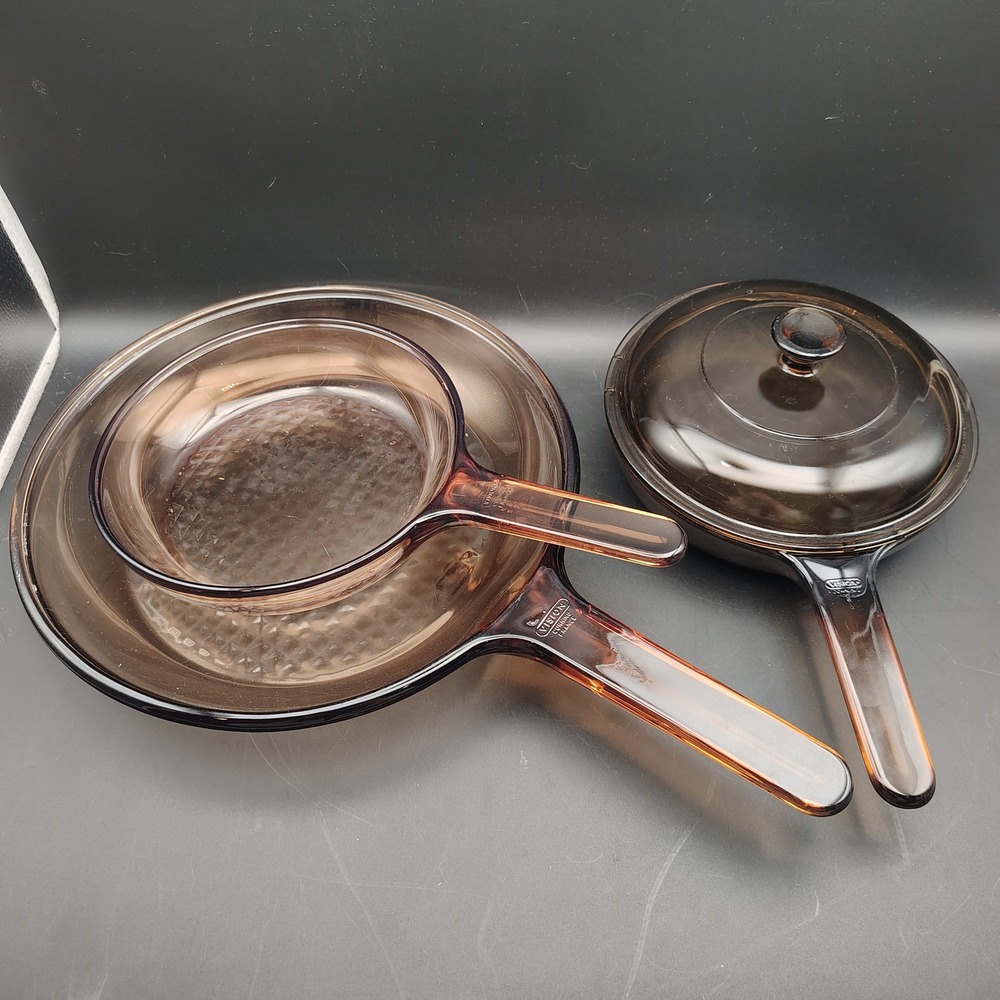 Vtg Visions Corningware Amber Glass Skillet Pan Set of 3 Waffle Bottom France